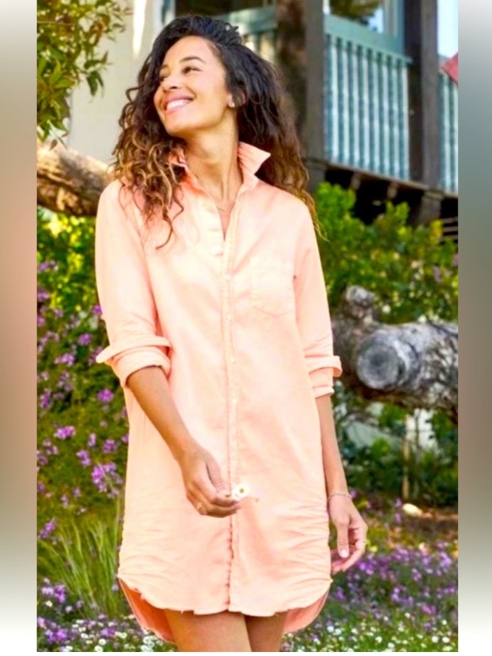 Frank & Eileen Peach Button-Front Swim Coverup Shirt